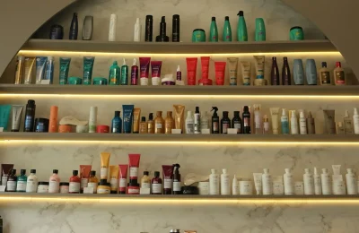 Produtos de beleza organizados em prateleiras iluminadas