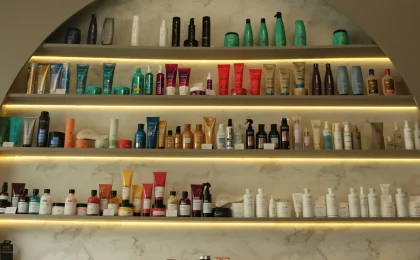 Produtos de beleza organizados em prateleiras iluminadas