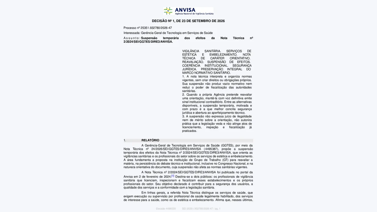 Primeira página da Decisão nº 1, de 23 de setembro de 2026, da Anvisa, sobre a suspensão da Nota Técnica de serviços de estética