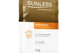 Sachê de pó descolorante Sunless Doura Pelos, produto indicado pelo fabricante para clarear pelos do corpo.