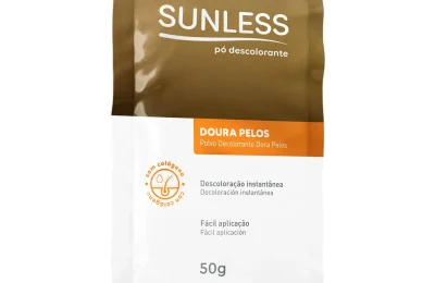 Sachê de pó descolorante Sunless Doura Pelos, produto indicado pelo fabricante para clarear pelos do corpo.