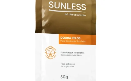 Sachê de pó descolorante Sunless Doura Pelos, produto indicado pelo fabricante para clarear pelos do corpo.