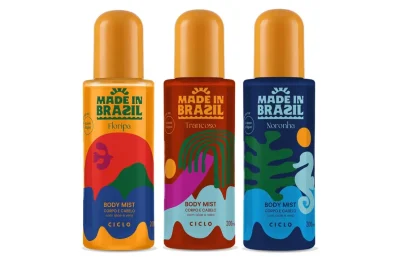 Três frascos dos body mists Made in Brazil da Ciclo, nas versões Floripa, Trancoso e Noronha