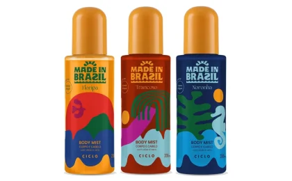 Três frascos dos body mists Made in Brazil da Ciclo, nas versões Floripa, Trancoso e Noronha