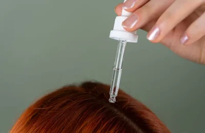 Pessoa aplicando sérum com conta-gotas sobre o cabelo ruivo
