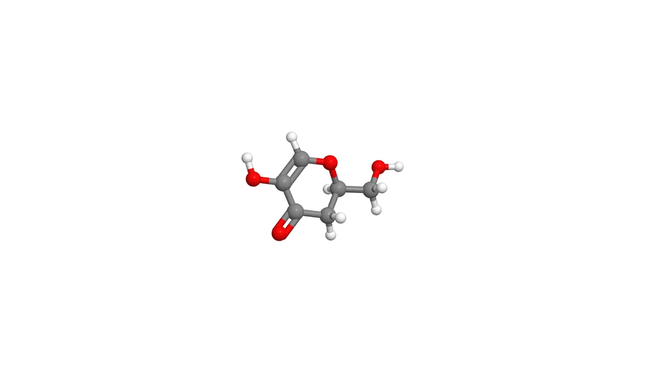 Modelo tridimensional da molécula de ácido kójico