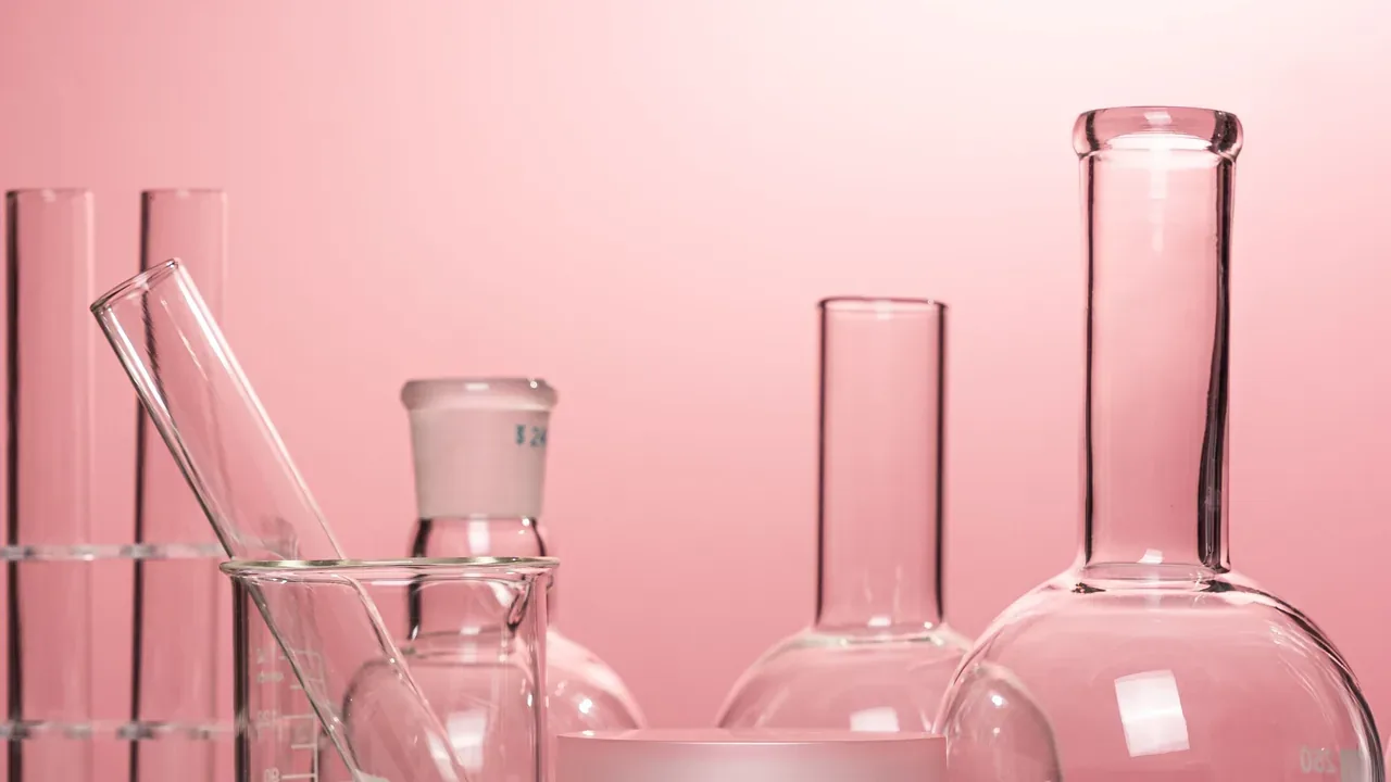 Vidrarias de laboratório usadas para representar pesquisa, formulação e controle de qualidade em cosméticos
