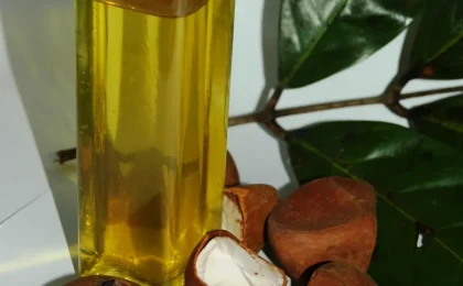 Frasco com óleo de andiroba, sementes e folhas